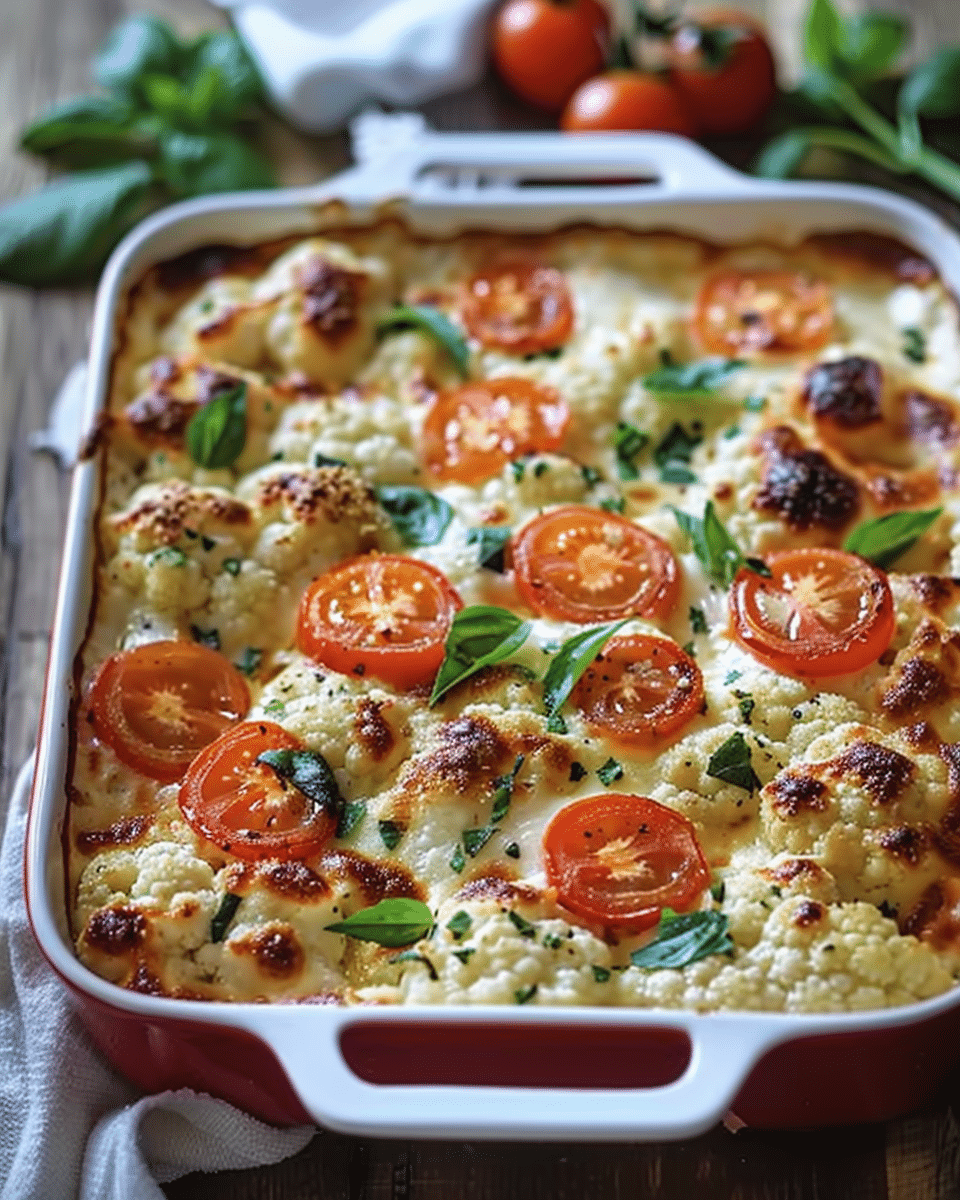 Creamy Baked Cauliflower with Mozzarella and Tomatoes