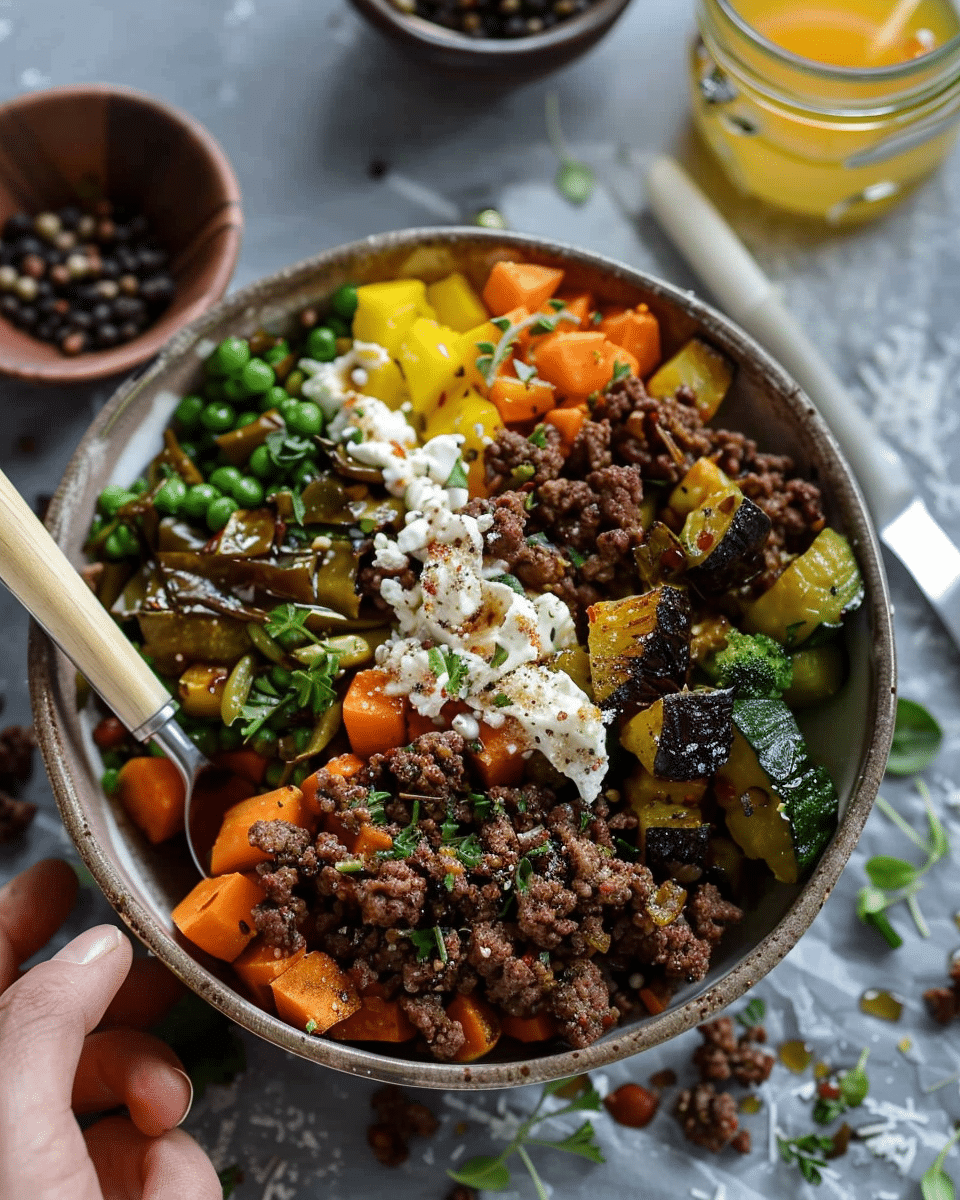 Garlic Butter Ground Beef and Roasted Veggie Bowls