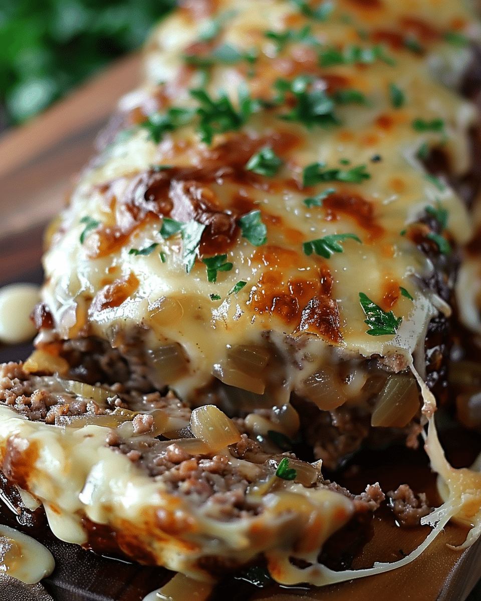 Crockpot French Onion Meatloaf with Melted Swiss Cheese
