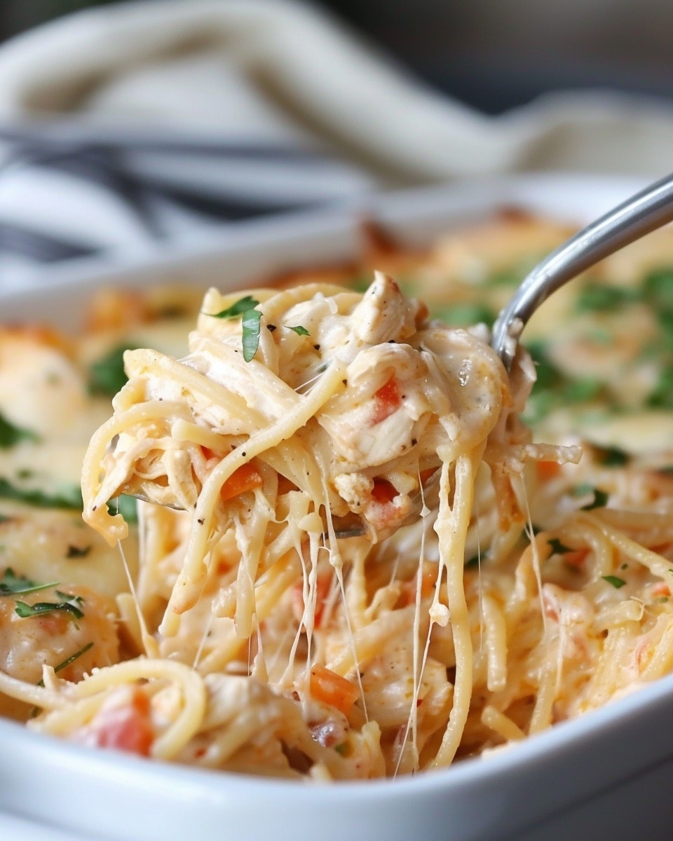 Creamy Rotel Chicken Spaghetti Casserole