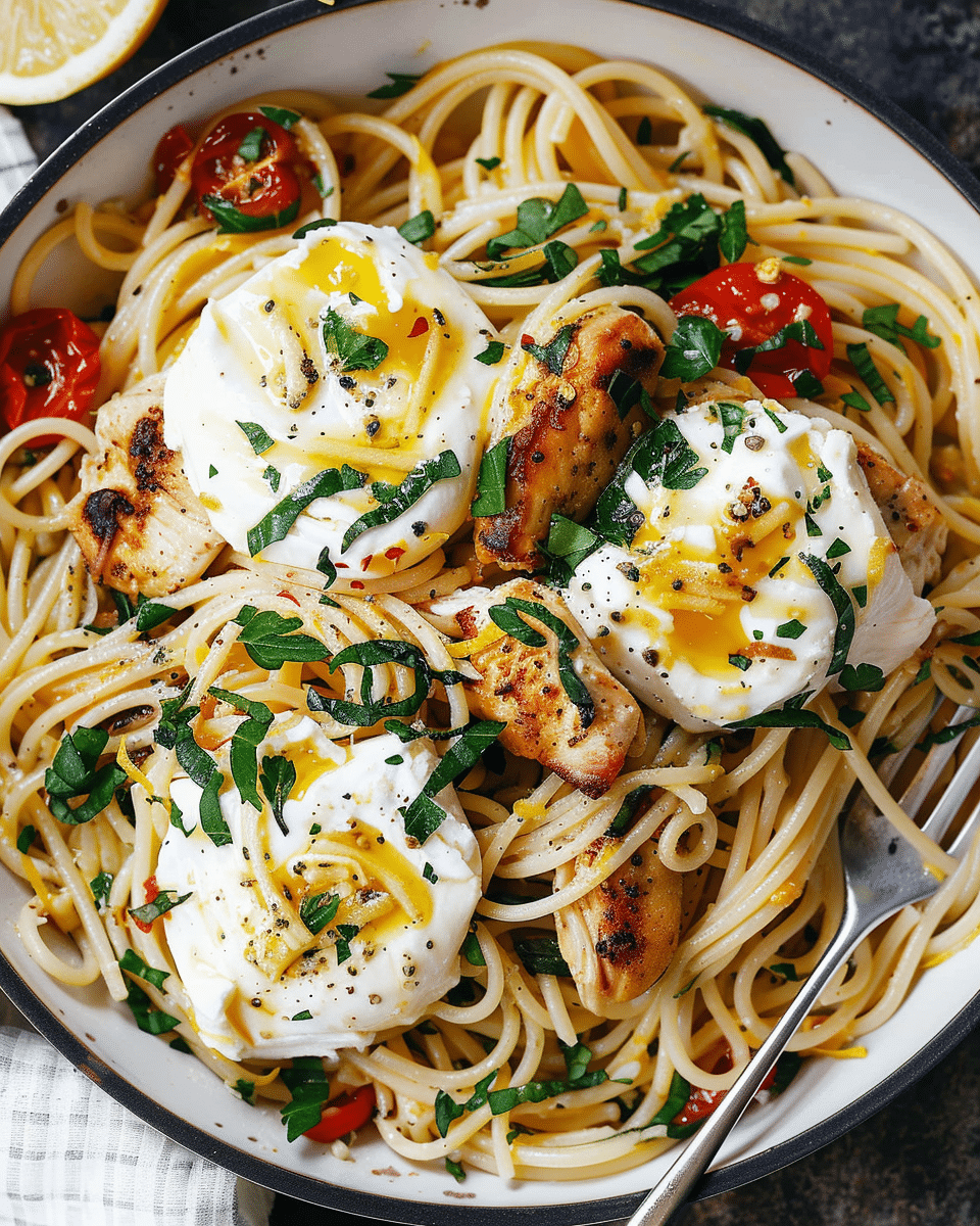 Chicken Spaghetti with Burrata and Lemon Butter Garlic Sauce