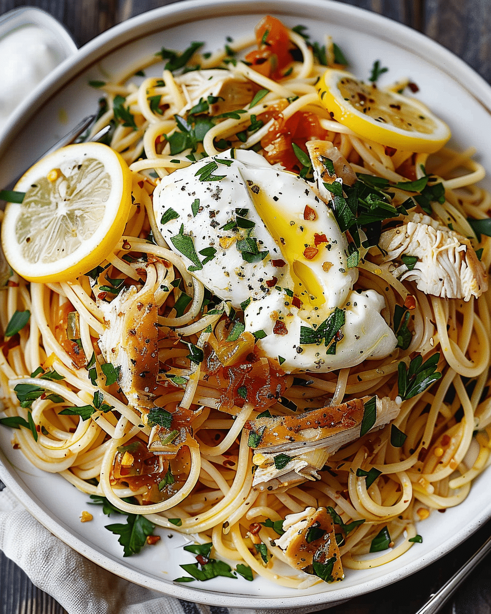 Chicken Spaghetti with Burrata and Lemon Butter Garlic Sauce