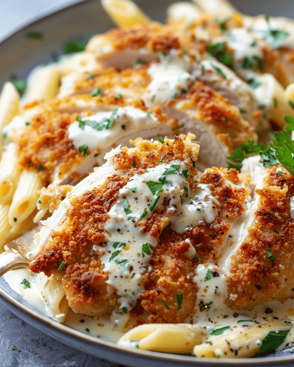 Parmesan-Crusted Chicken with Penne in Creamy Sauce