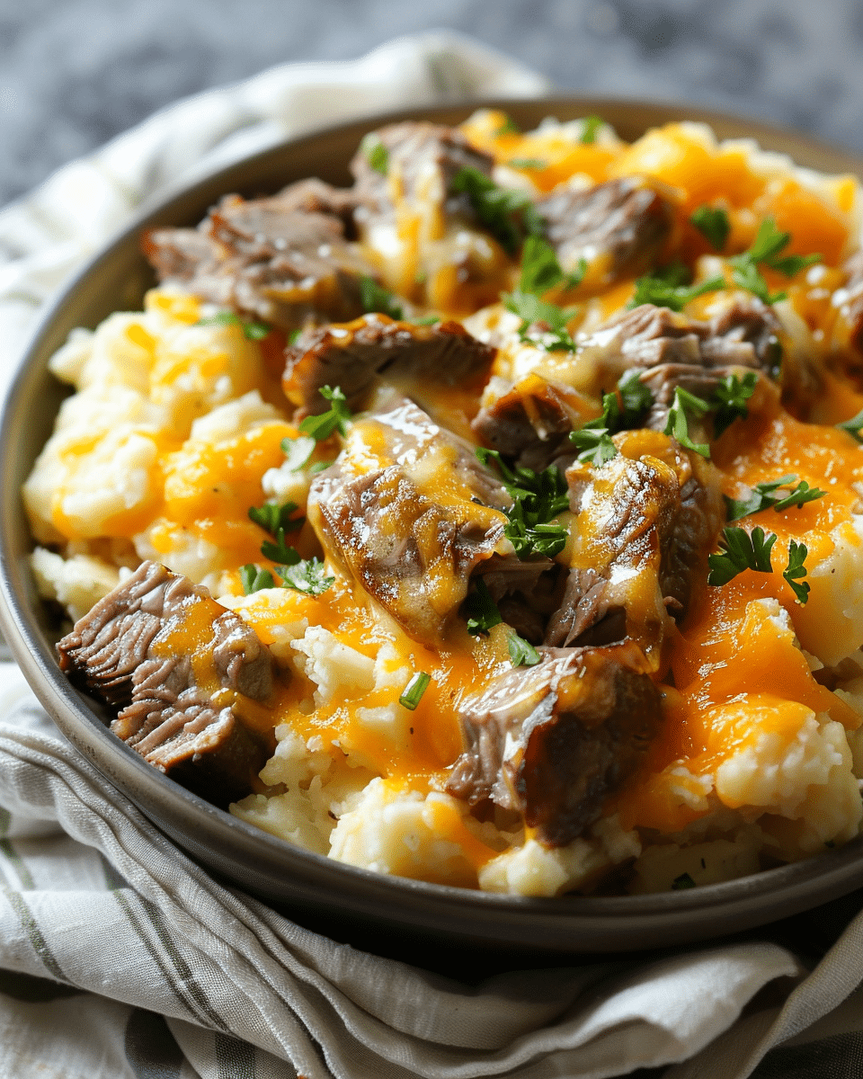 Slow Cooker Steak and Cheddar Potato Casserole