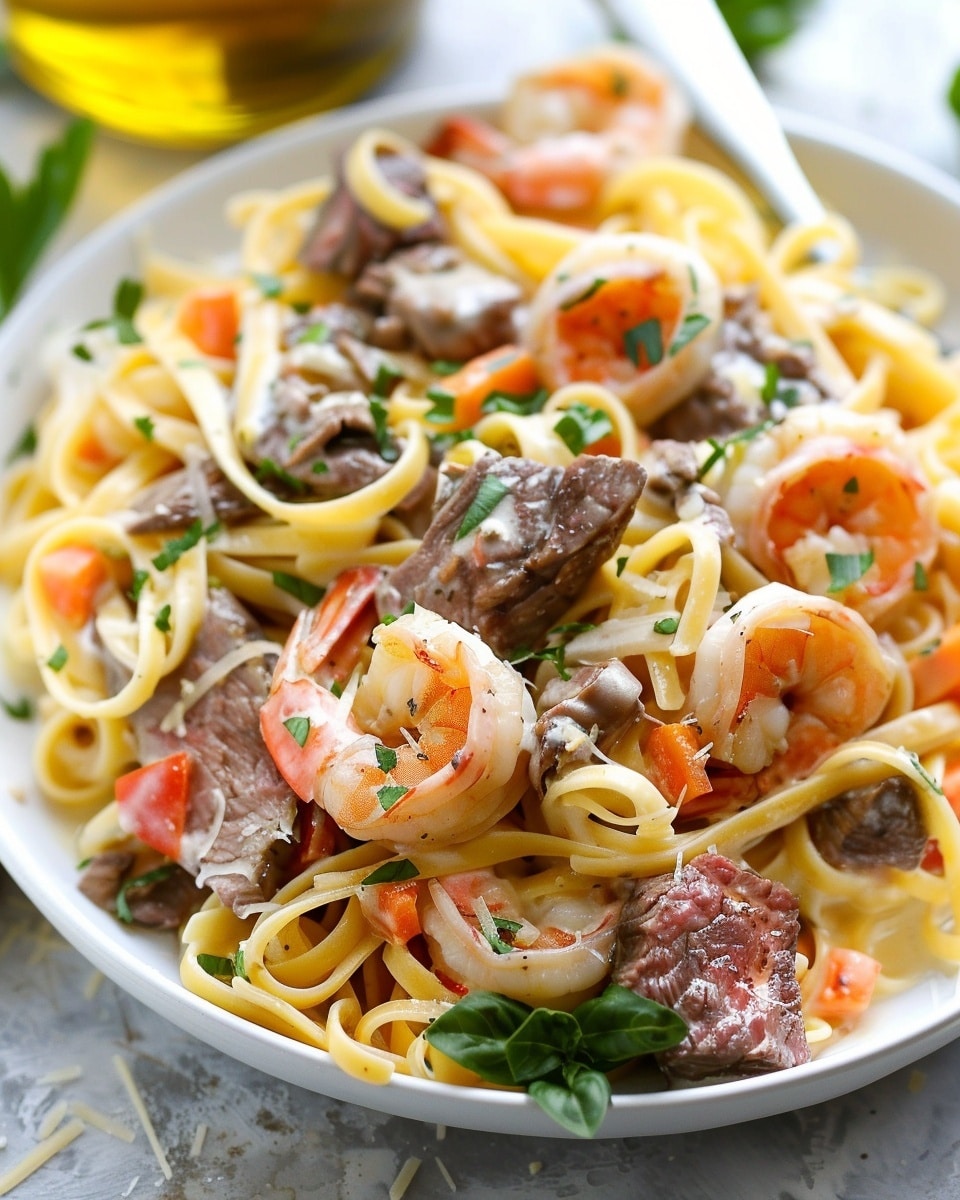 Decadent Steak and Shrimp Pasta in a Rich Cream Sauce