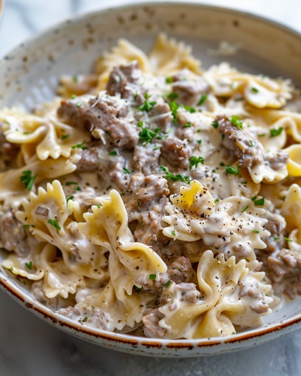 Creamy Parmesan Garlic Beef Bowtie Pasta