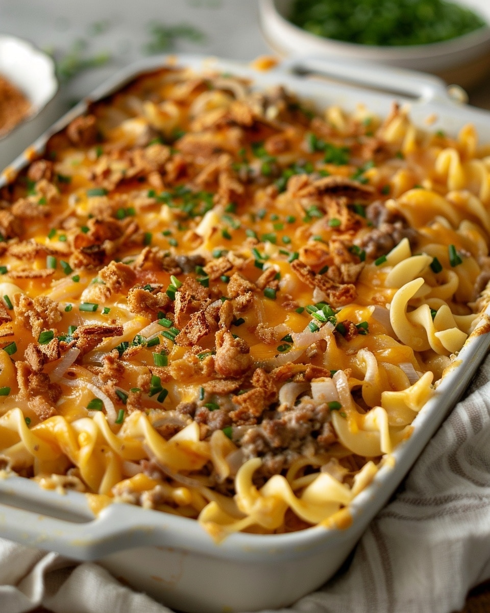 Cheesy Beef and Noodle Casserole with Crispy French Onions