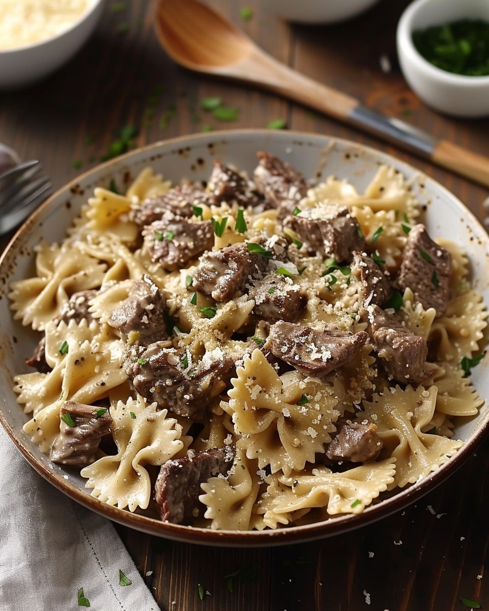 Creamy Parmesan Garlic Beef Bowtie Pasta