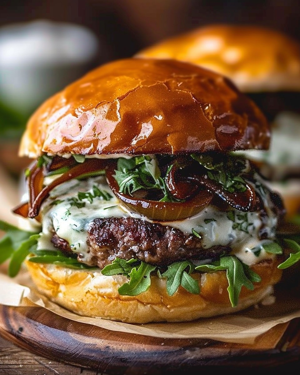 Caramelized Onion and Garlic Burger with Creamy Herb Sauce