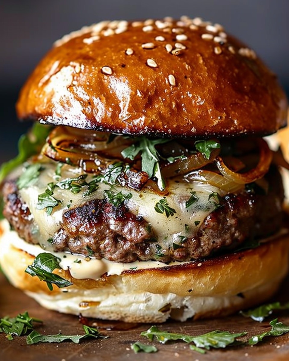 Caramelized Onion and Garlic Burger with Creamy Herb Sauce