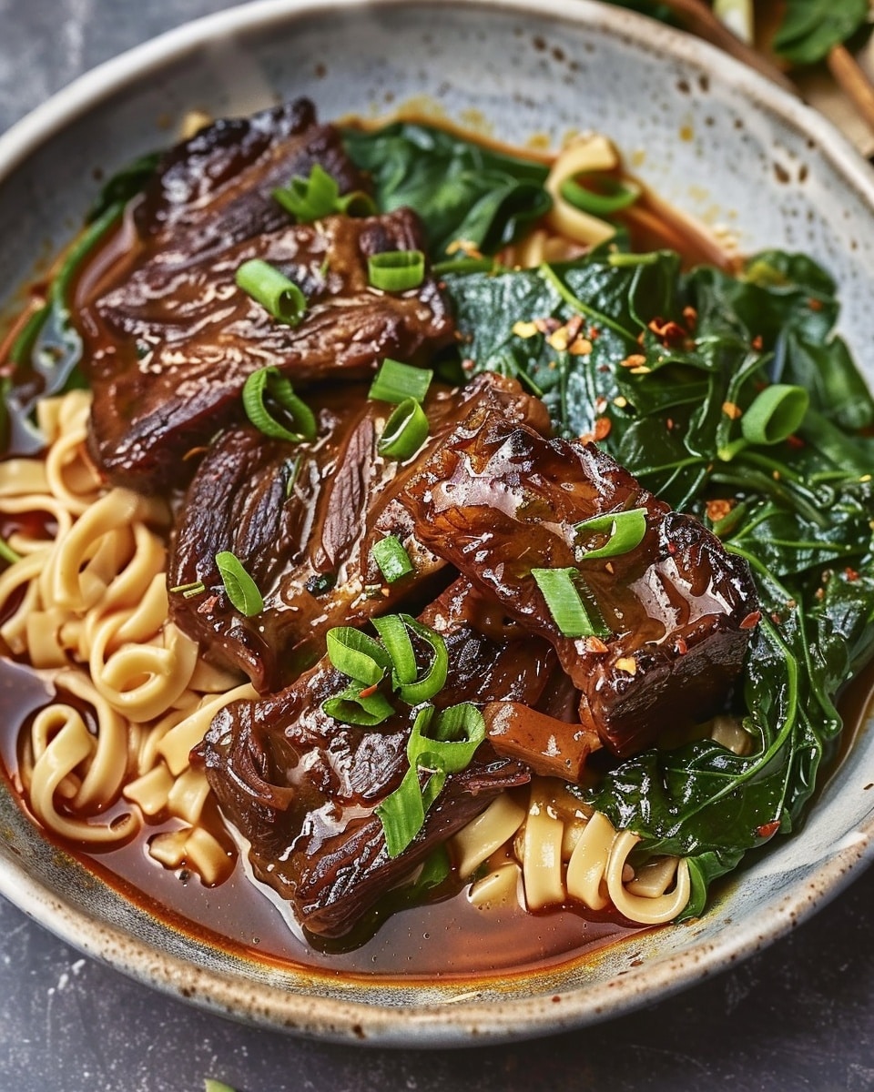 Slow-Cooked Short Ribs with Noodles and Spinach