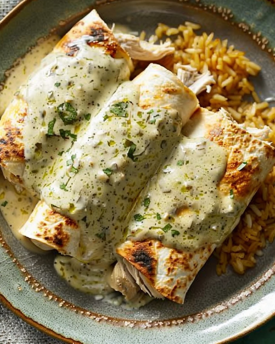 Baked Chicken Burritos with Creamy Green Chile Sauce