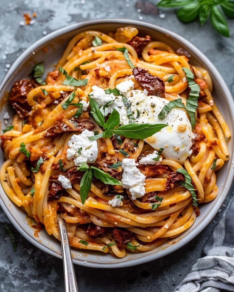 Creamy Sun-Dried Tomato Pasta with Melted Burrata