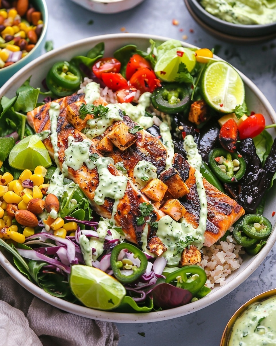 Mexican Salmon Salad Bowl with Roasted Poblano Ranch Dressing