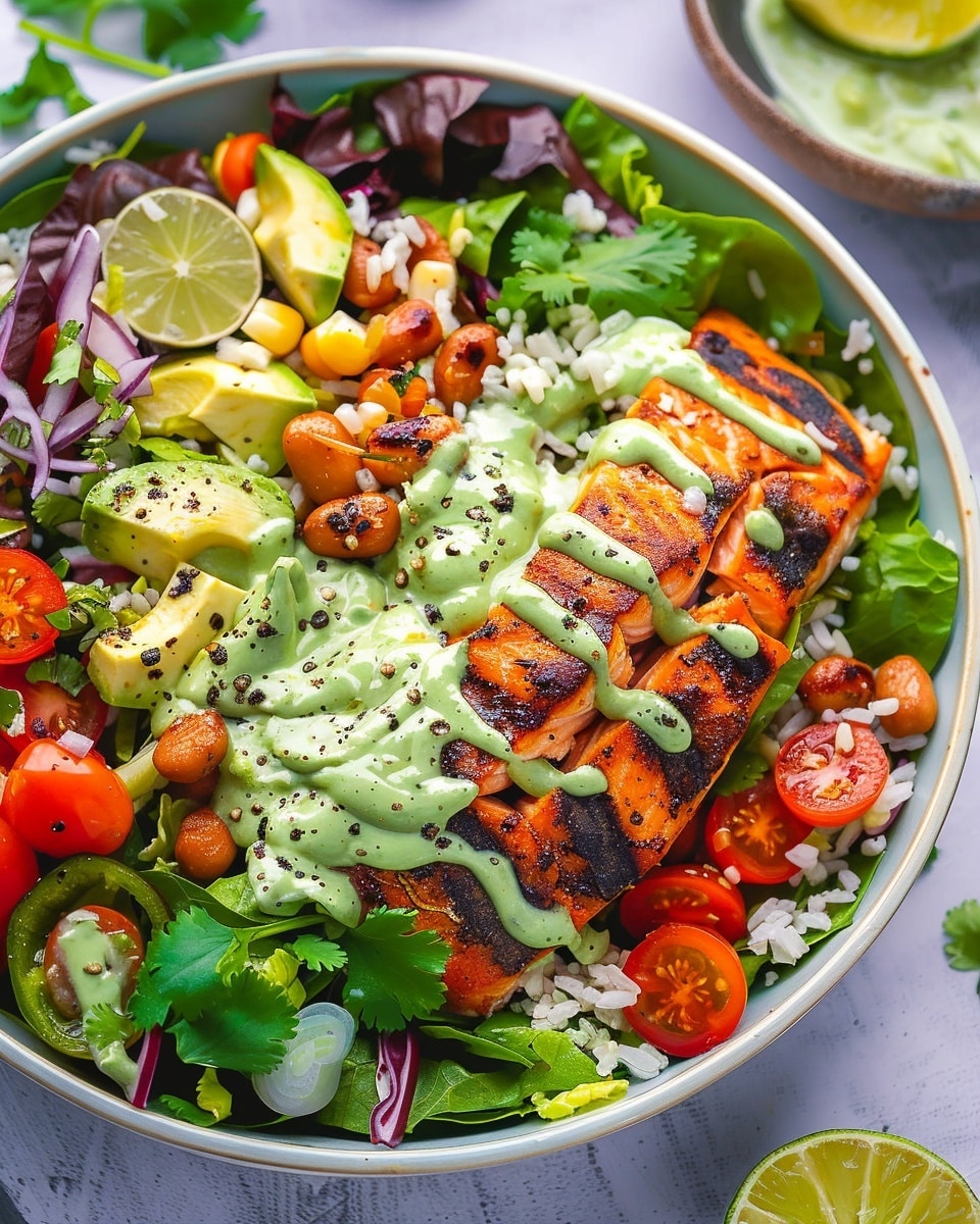 Mexican Salmon Salad Bowl with Roasted Poblano Ranch Dressing