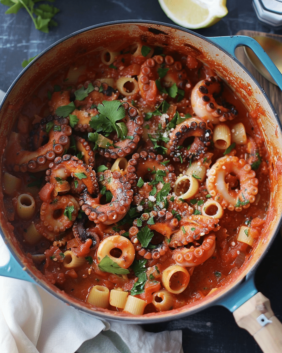 Octopus Stewed in Tomato Sauce Cooked with Short Pasta