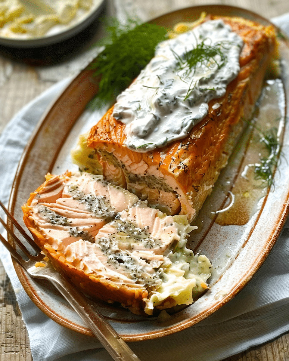 Salmon Coulibiac with Herby Horseradish Cream