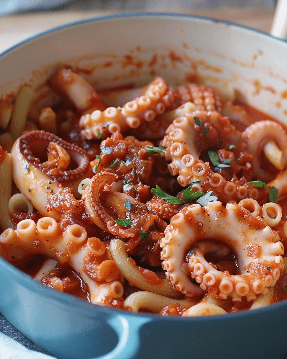 Octopus Stewed in Tomato Sauce Cooked with Short Pasta