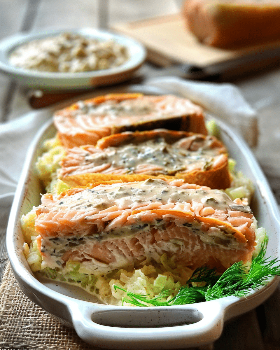 Salmon Coulibiac with Herby Horseradish Cream