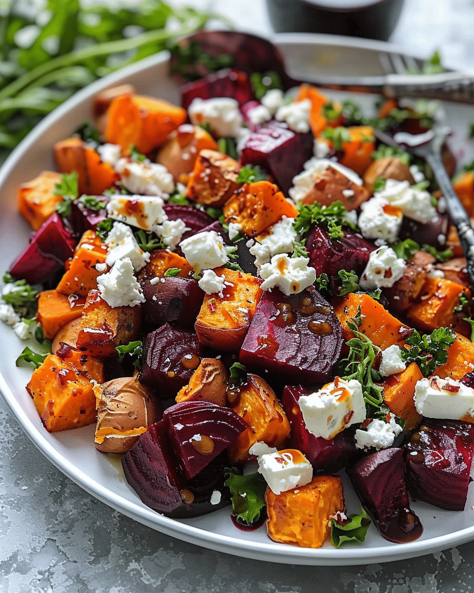 Roasted Beet and Sweet Potato Salad with Feta and Yogurt Dressing