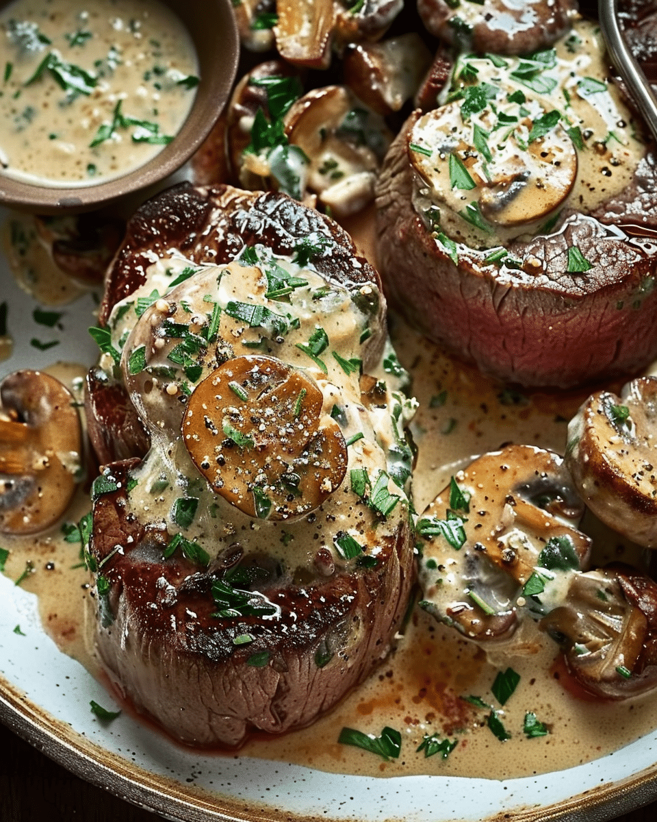 Filet Steaks with Creamy Mushroom and Herb Topping