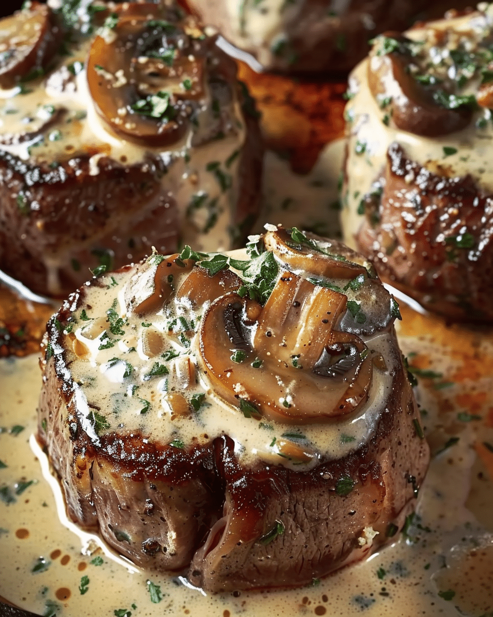 Filet Steaks with Creamy Mushroom and Herb Topping