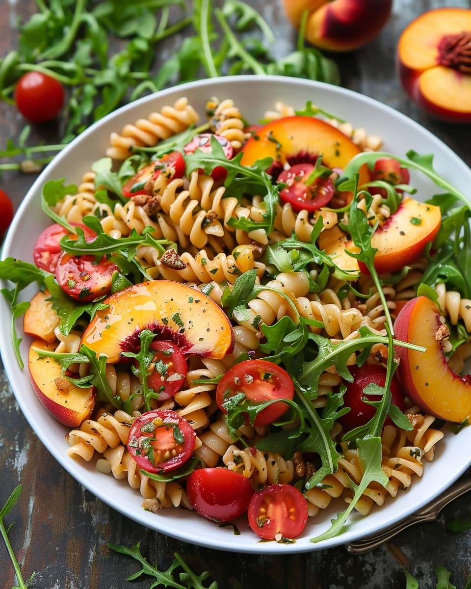Peach Pasta Salad with Arugula and Tomatoes