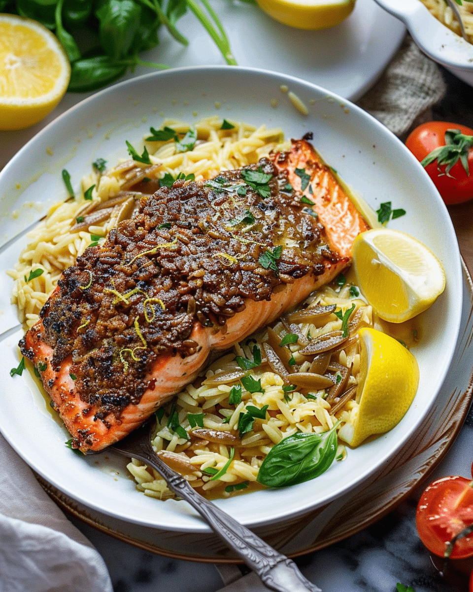 Honey Dijon Crusted Salmon & Creamy Lemon Garlic Orzo