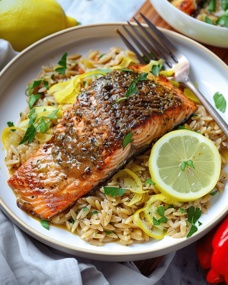 Honey Dijon Crusted Salmon & Creamy Lemon Garlic Orzo