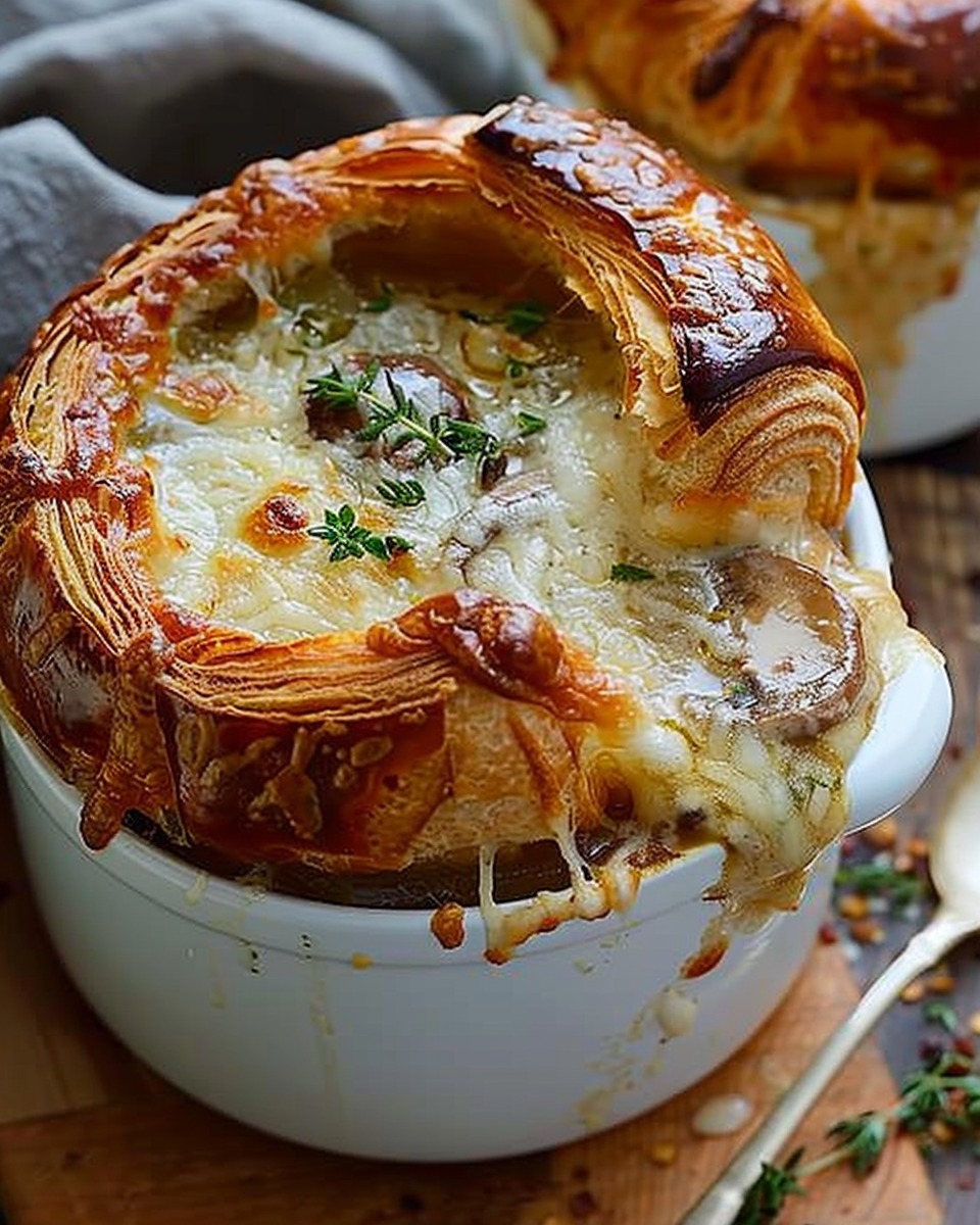French Onion Soup with Mushrooms, Extra Herbs & Cheesy Croissant Topping