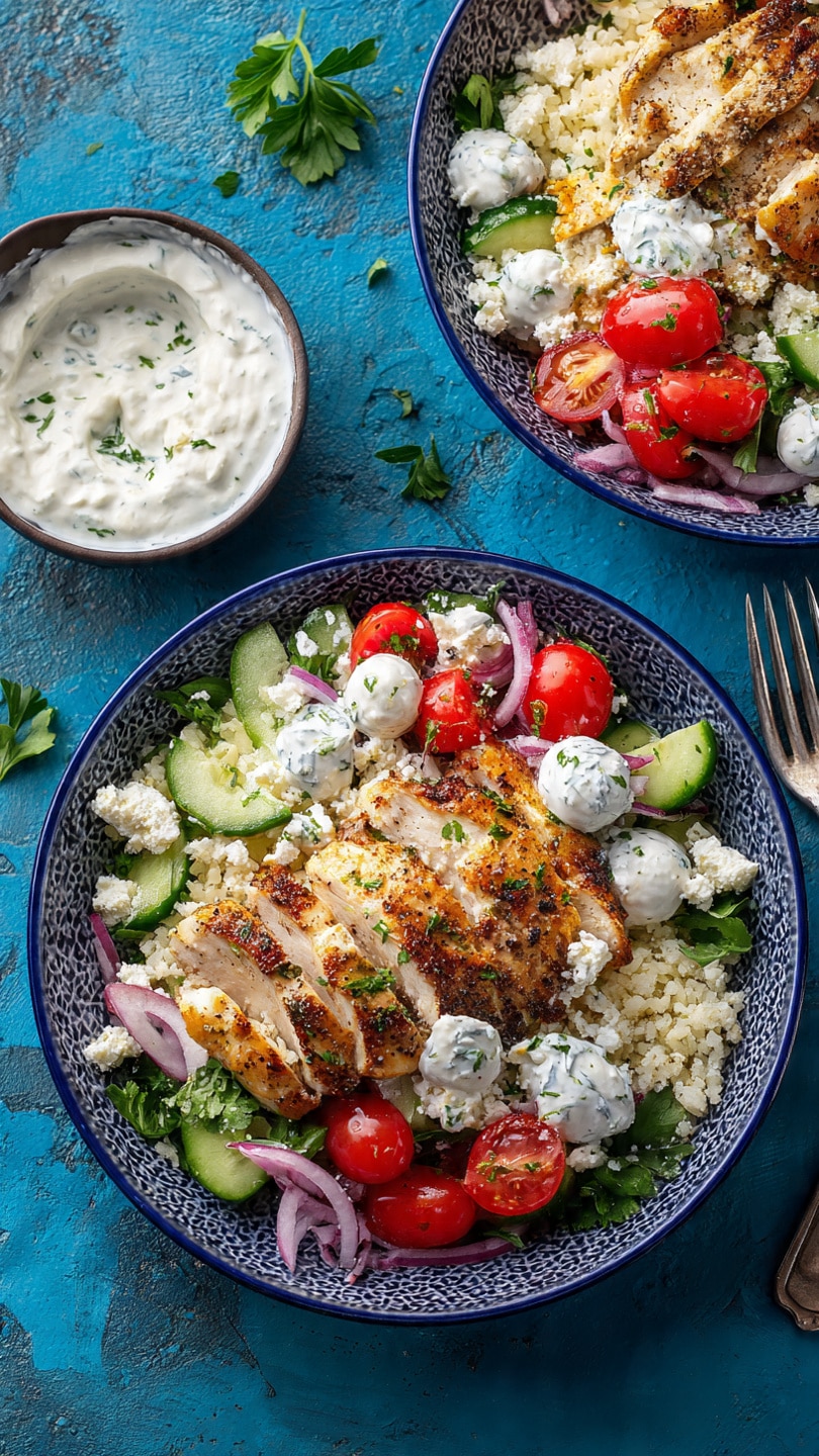 Greek Chicken Bowl with Fresh Salad, Mozzarella Pearls & Creamy Tzatziki