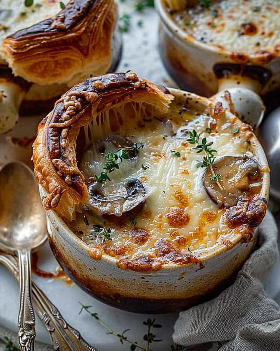 French Onion Soup with Mushrooms, Extra Herbs & Cheesy Croissant Topping 5 French Onion Soup with Mushrooms, Extra Herbs & Cheesy Croissant Topping
