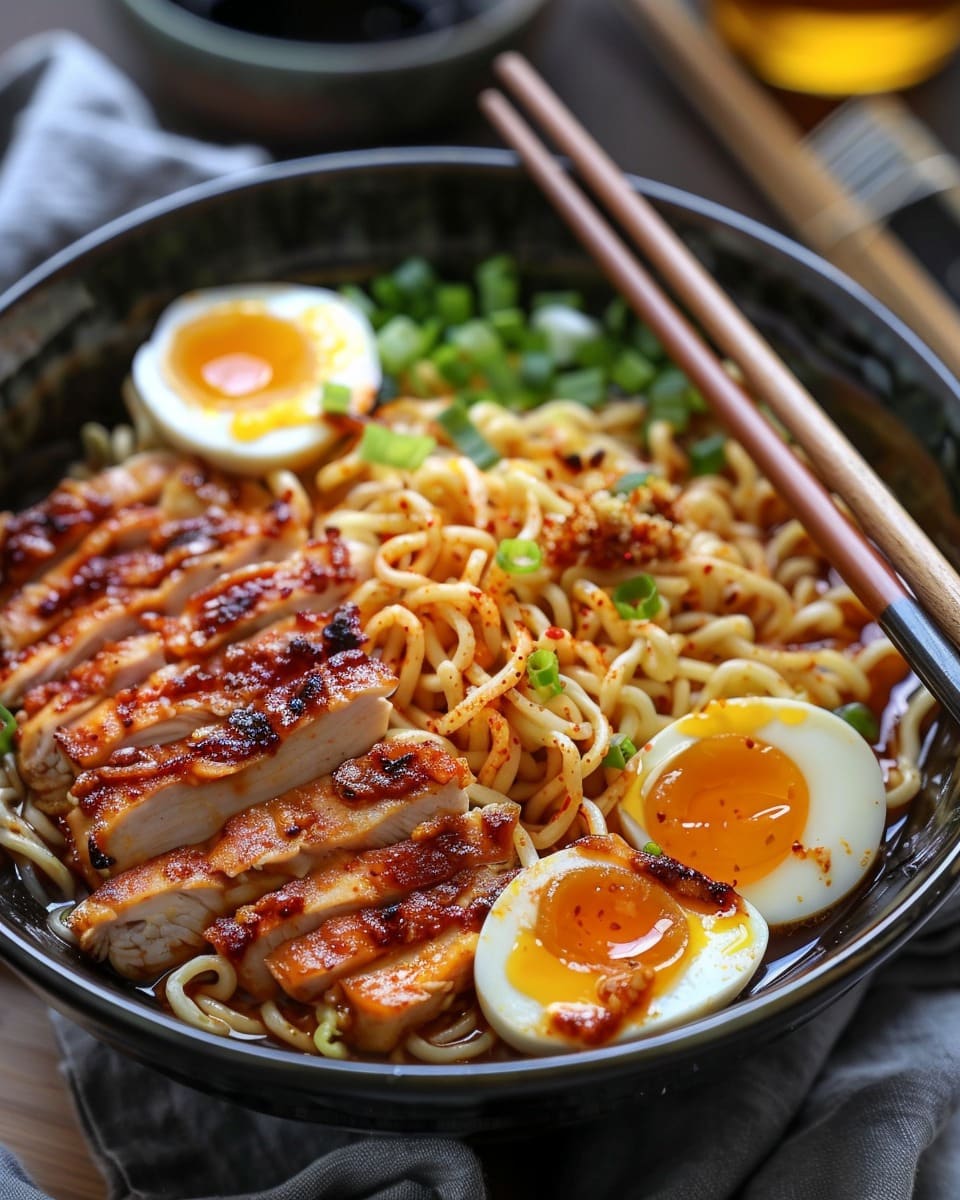 Fiery Chicken Ramen with Creamy Garlic Sauce
