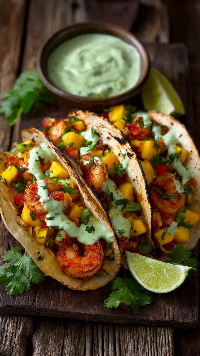 Shrimp Tacos with Mango Salsa & Creamy Cilantro Sauce