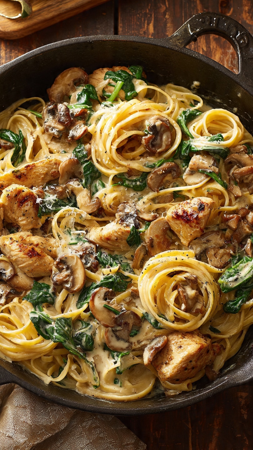 Creamy Chicken Marsala Pasta with Spinach and Mushrooms