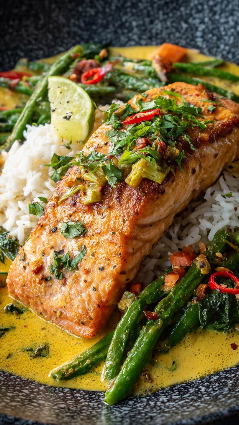 One-Pan Coconut Curry Salmon with Garlic Butter