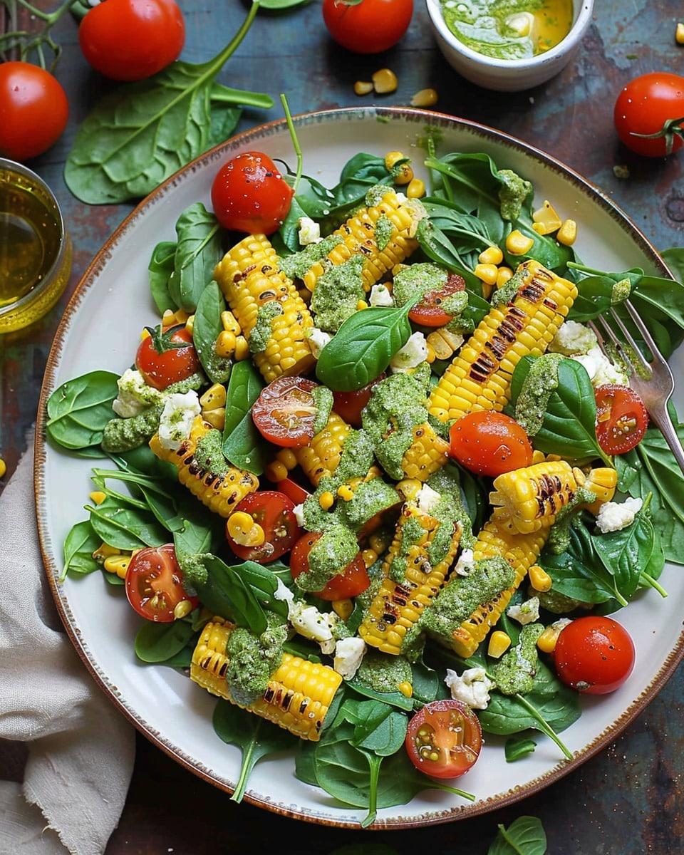 Corn, Tomato, and Spinach Salad with Creamy Pesto Dressing