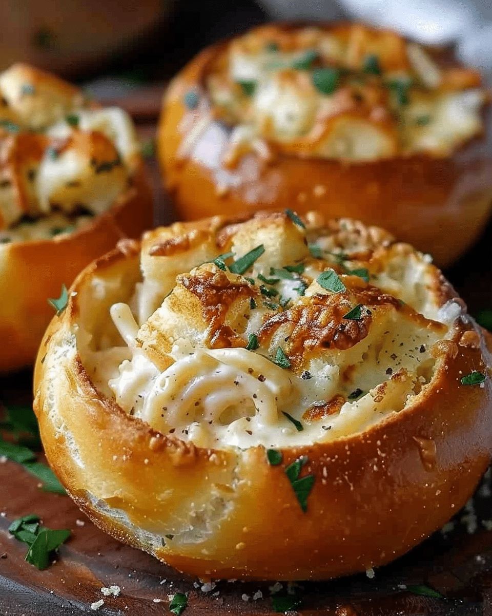 Chicken Alfredo Garlic Bread Bowls
