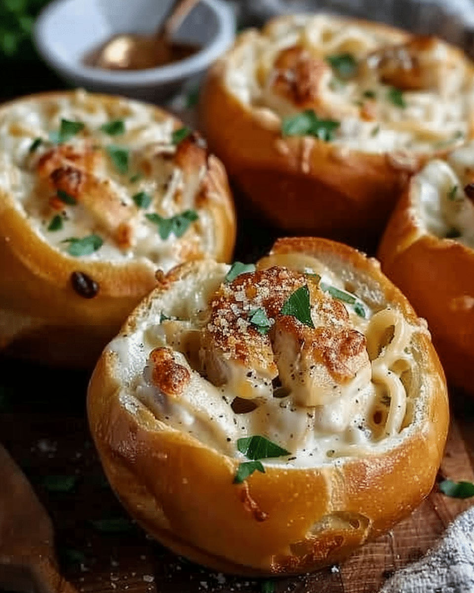 Chicken Alfredo Garlic Bread Bowls