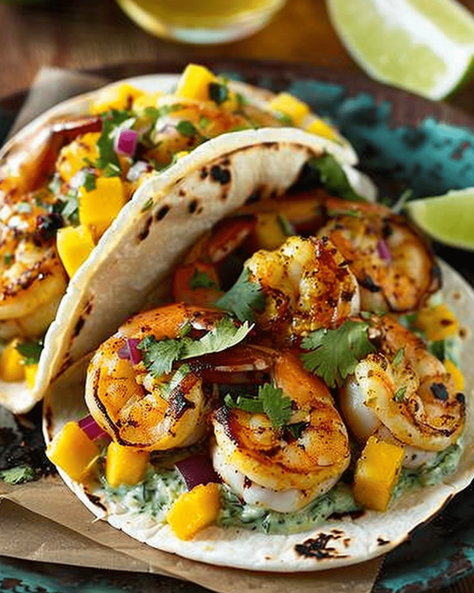 Shrimp Tacos with Mango Salsa & Creamy Cilantro Sauce