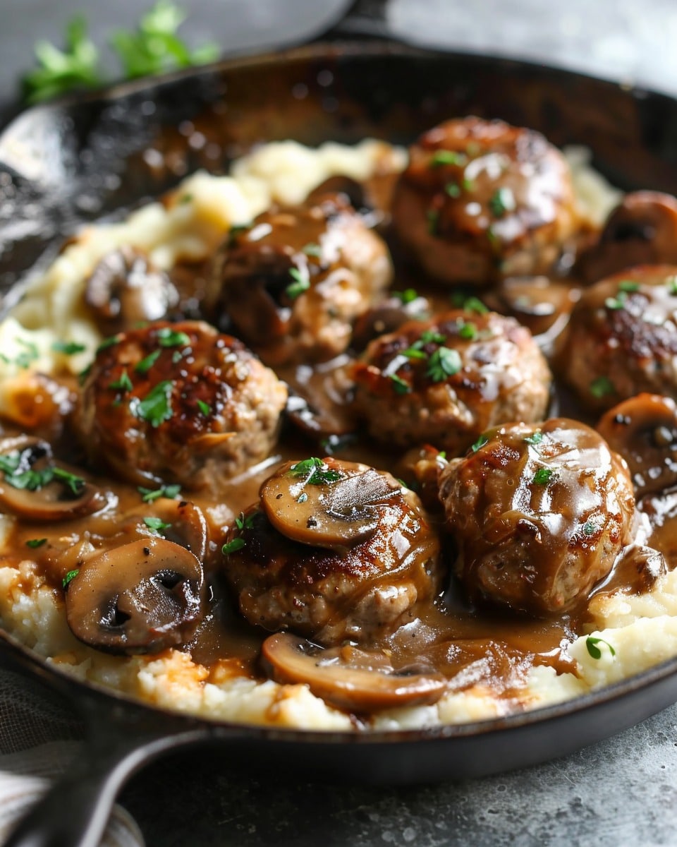 Beef Meatballs with Onion Mushroom Gravy and Mashed Potatoes