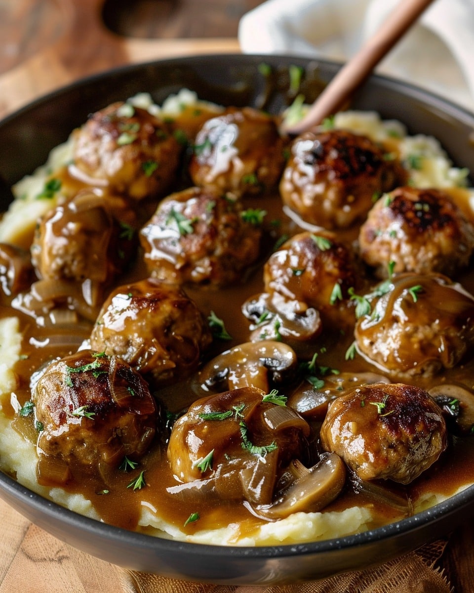 Beef Meatballs with Onion Mushroom Gravy and Mashed Potatoes