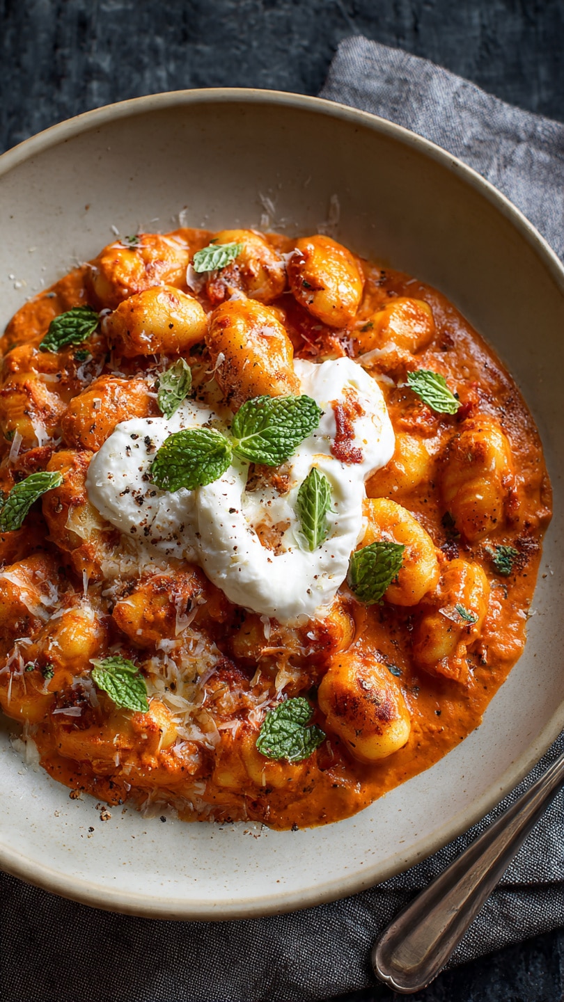 30 Minute Creamy Tomato Gnocchi with Burrata