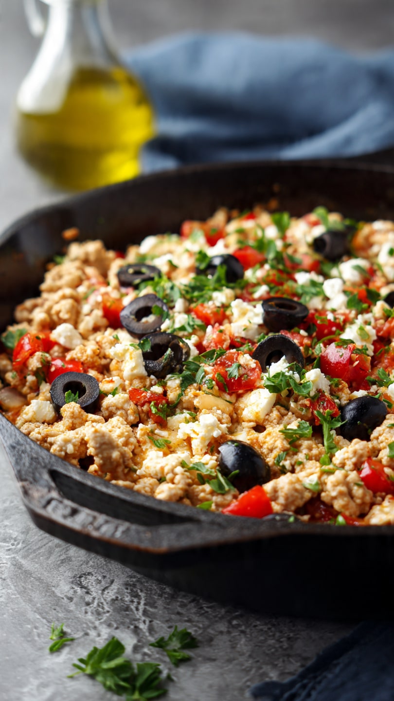Mediterranean Keto Ground Chicken Skillet with Olives and Feta