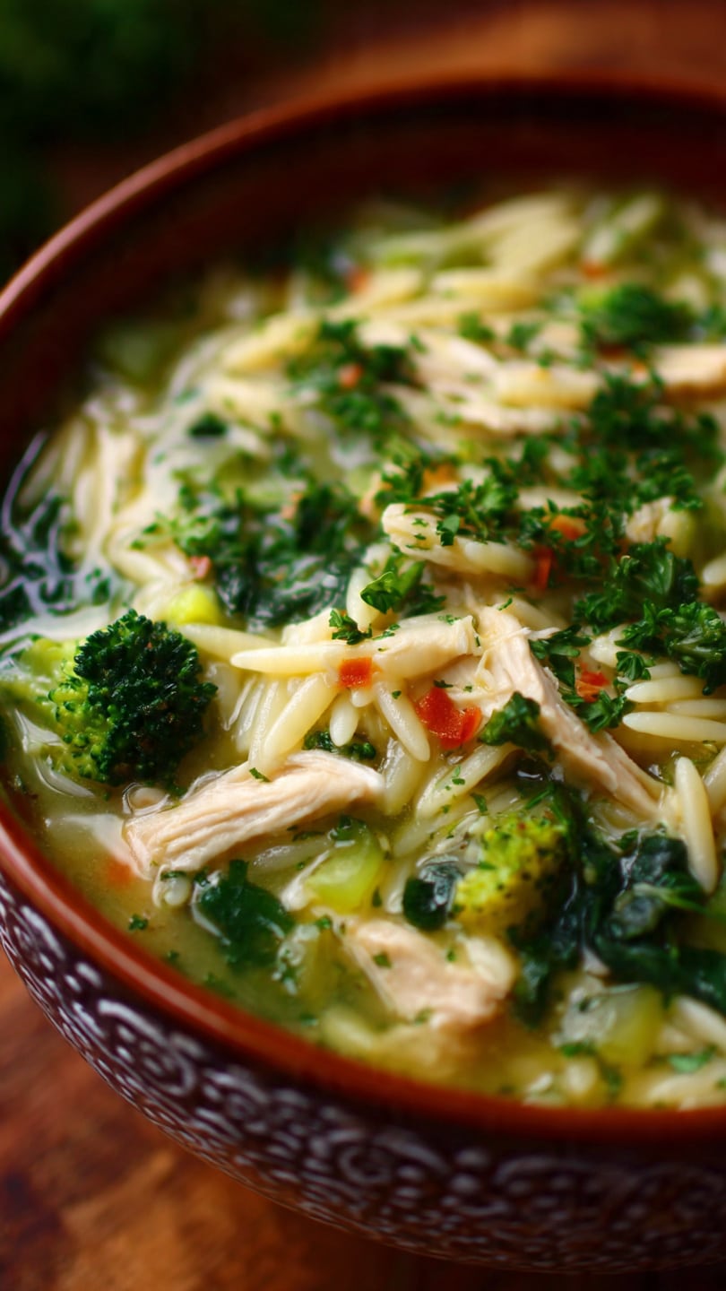 Broccoli Chicken Orzo Soup with Spinach
