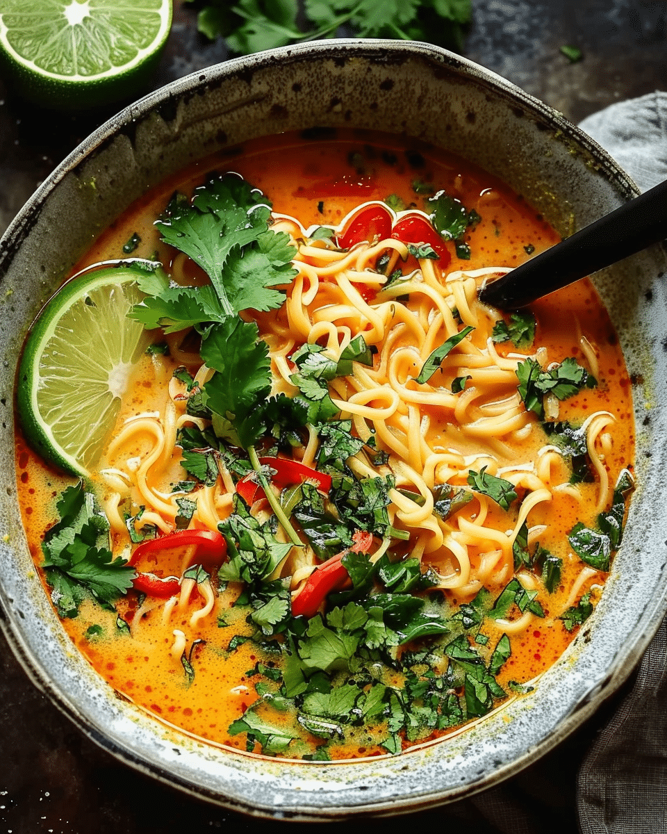 Coconut Curry Noodle Soup with Fresh Lime & Herbs