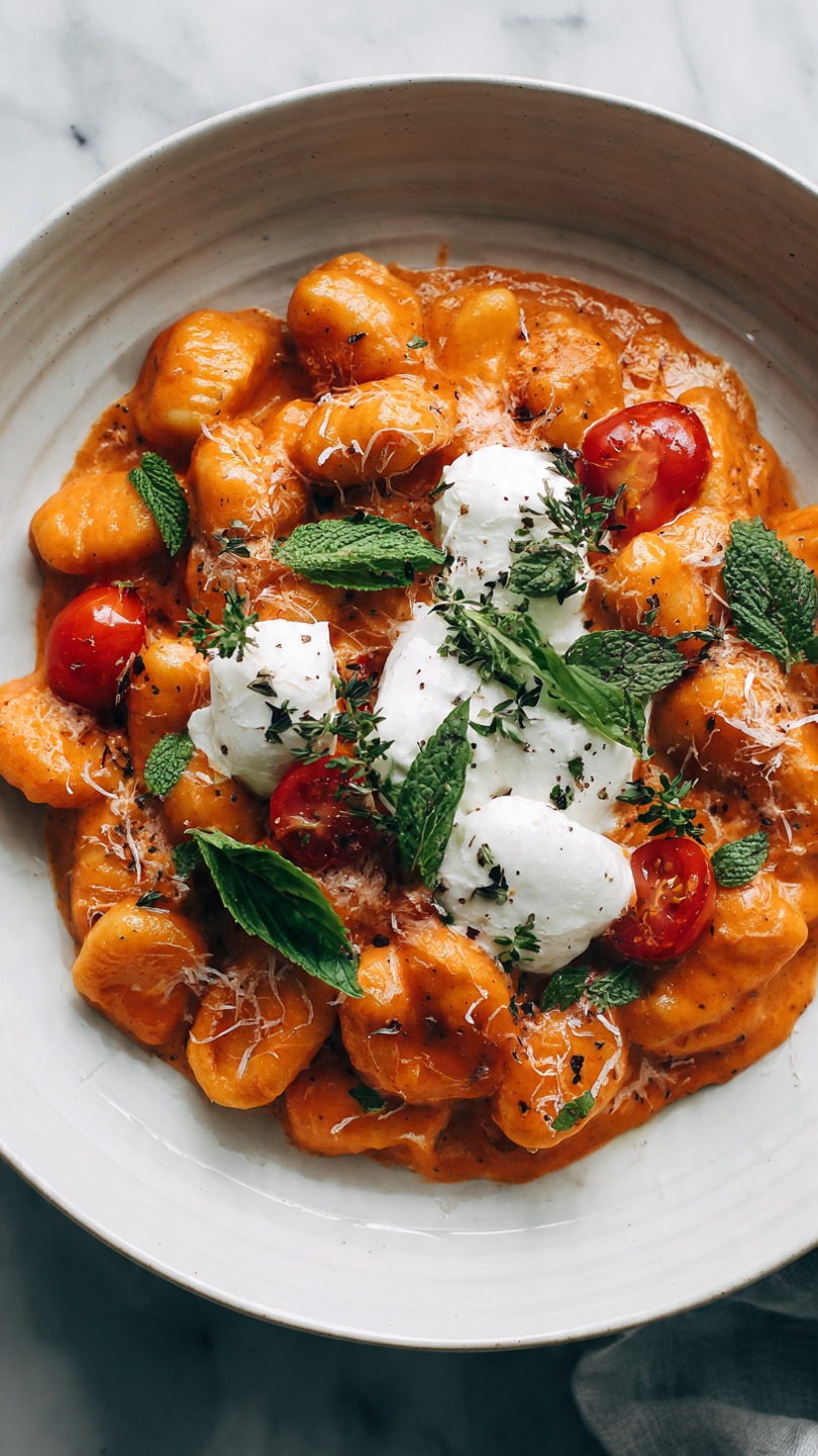 30 Minute Creamy Tomato Gnocchi with Burrata