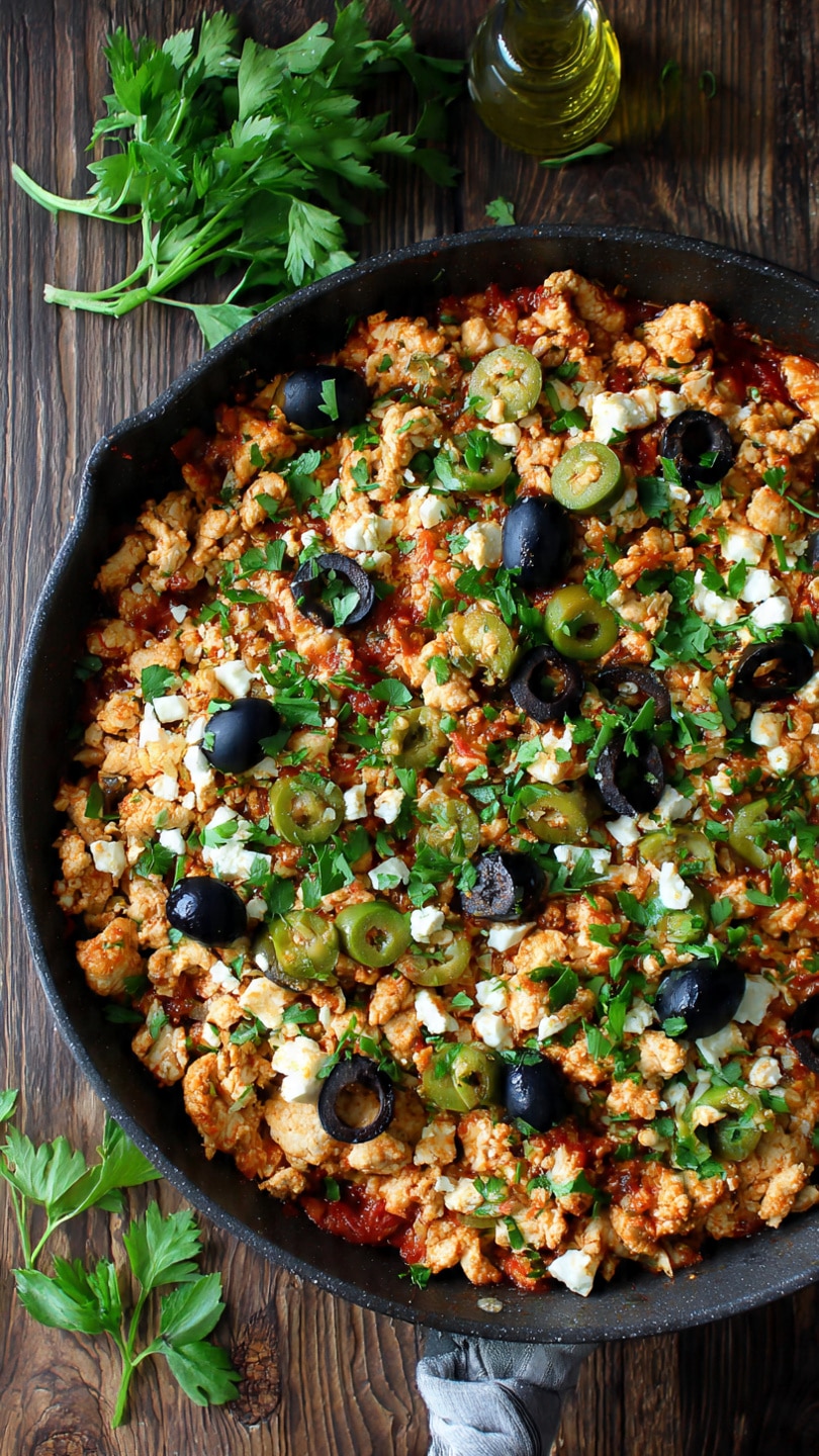 Mediterranean Keto Ground Chicken Skillet with Olives and Feta