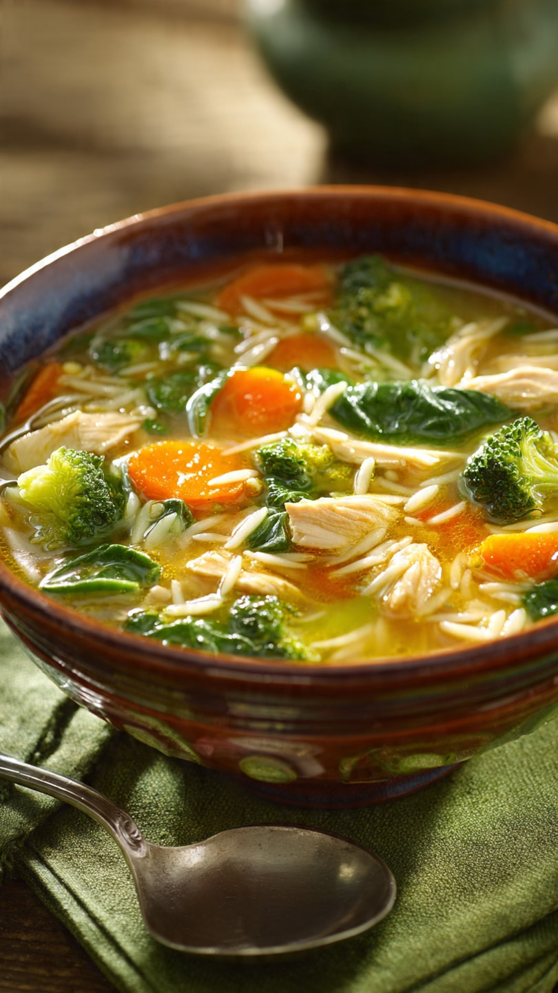 Broccoli Chicken Orzo Soup with Spinach