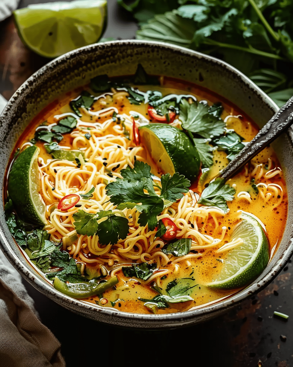 Coconut Curry Noodle Soup with Fresh Lime & Herbs